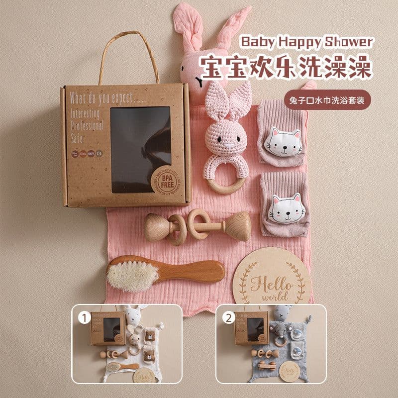 image-Newborn Infant Bath Towel Rattle Gift Set - Wooden Crochet Rattle