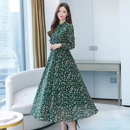 image-Floral Green Chiffon Dress - Big Swing Long Skirt 4XL Elegant