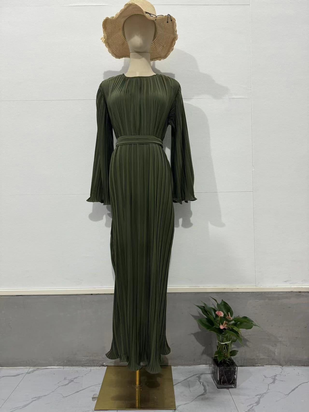 image-2023 Autumn Long Skirt Dress - Brown Pleated Bell Sleeve XXL