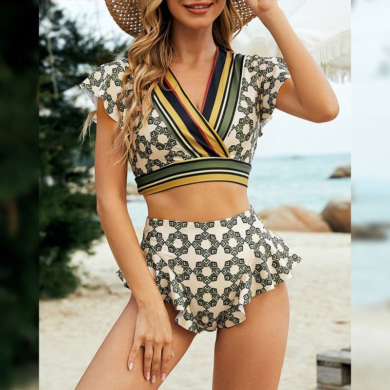 image-Women's Bikini Swimsuit - Green Triangle V-Neck XL