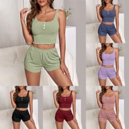 image-Women's Pajama Set - Pink Ribbed Jacquard Shorts