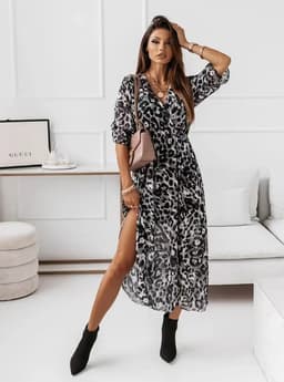 image-Women's V-Neck Chiffon Dress - Black Leopard Print XXL