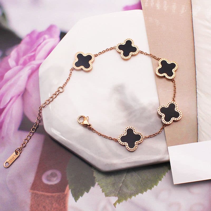 image-Titanium Steel Four-Leaf Clover Bracelet - Black/Red Gold