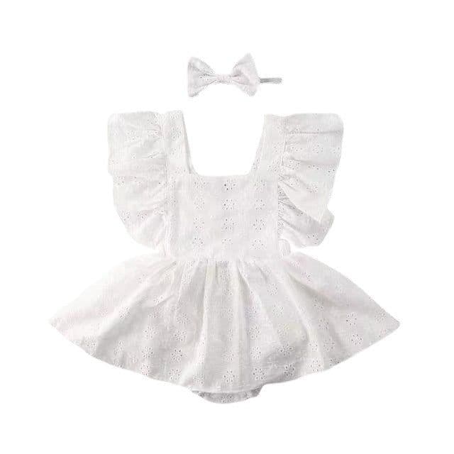 image-Girls' Romper Dress - White Solid Color Summer