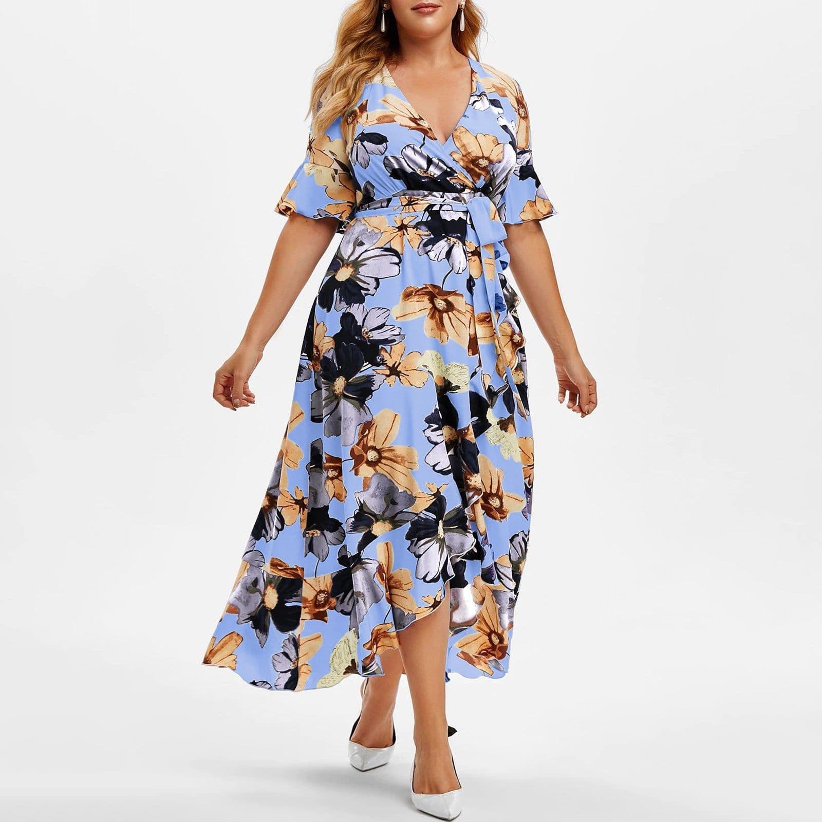 image-Women's Bohemian Print Midi Dress - Large V-Neck