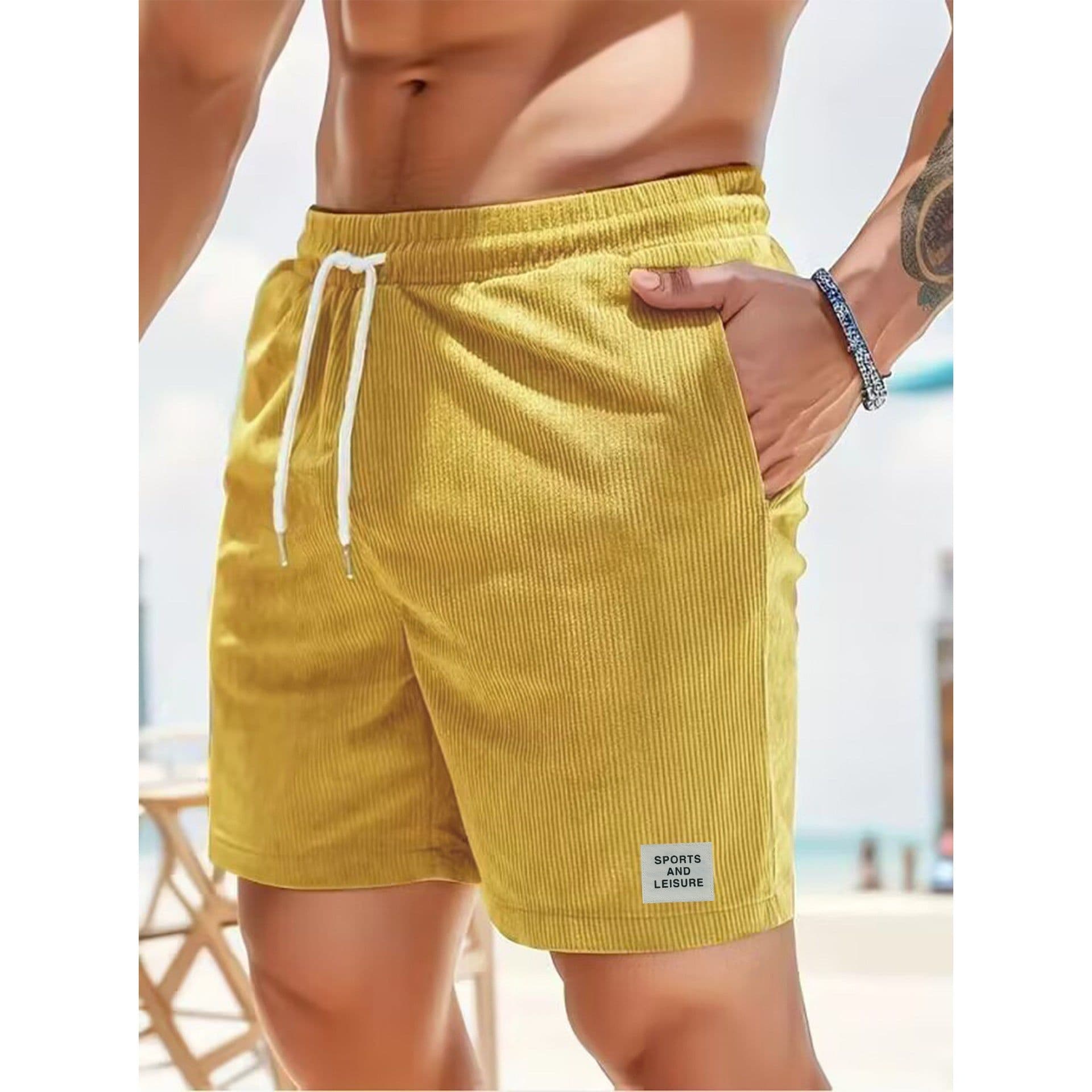 image-Men's Corduroy Shorts Blue Lace-Up Sports