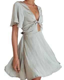 image-Women's V-Neck Polyester Dress - Light Green XL Short Sleeve