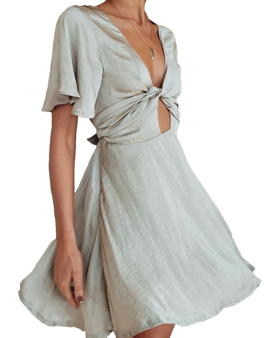 image-Women's V-Neck Polyester Dress - Light Green XL Short Sleeve