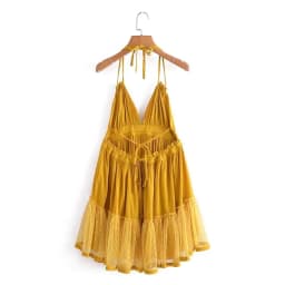 image-Foreign Trade 2022 Summer New European and American V-neck Waist Slim Hem Mesh Stitching Backless Suspender Dress Women