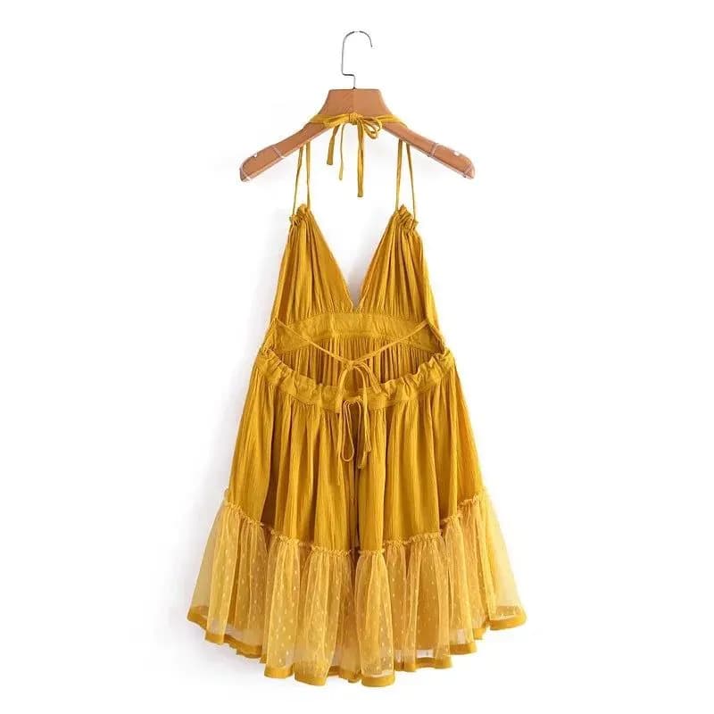 image-Foreign Trade 2022 Summer New European and American V-neck Waist Slim Hem Mesh Stitching Backless Suspender Dress Women