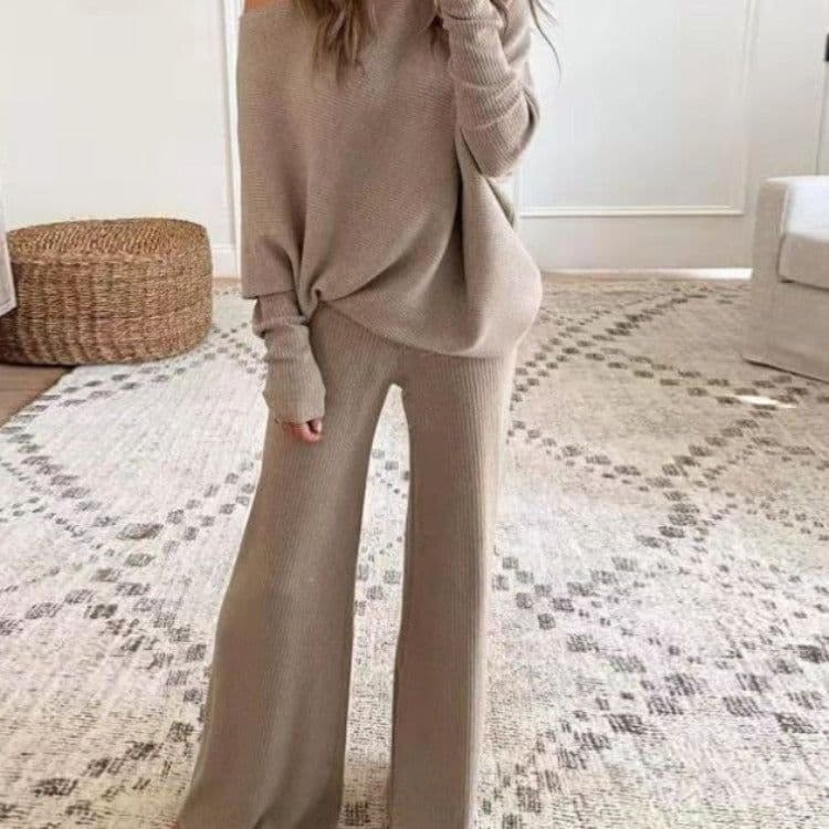 image-Women's Knitted Suit Khaki One-Shoulder Long Sleeve XXXL