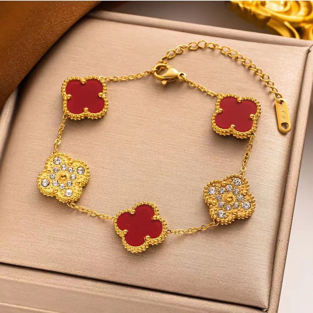 image-18K Four-Leaf Clover Bracelet - Claret Steel