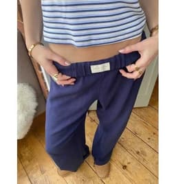 image-Women's Striped Wide-leg Trousers - Light Blue Casual