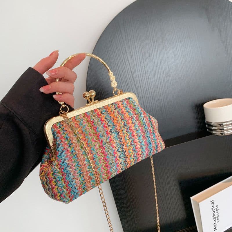 image-Blue Coochie Straw Handbag - Green Square Chain