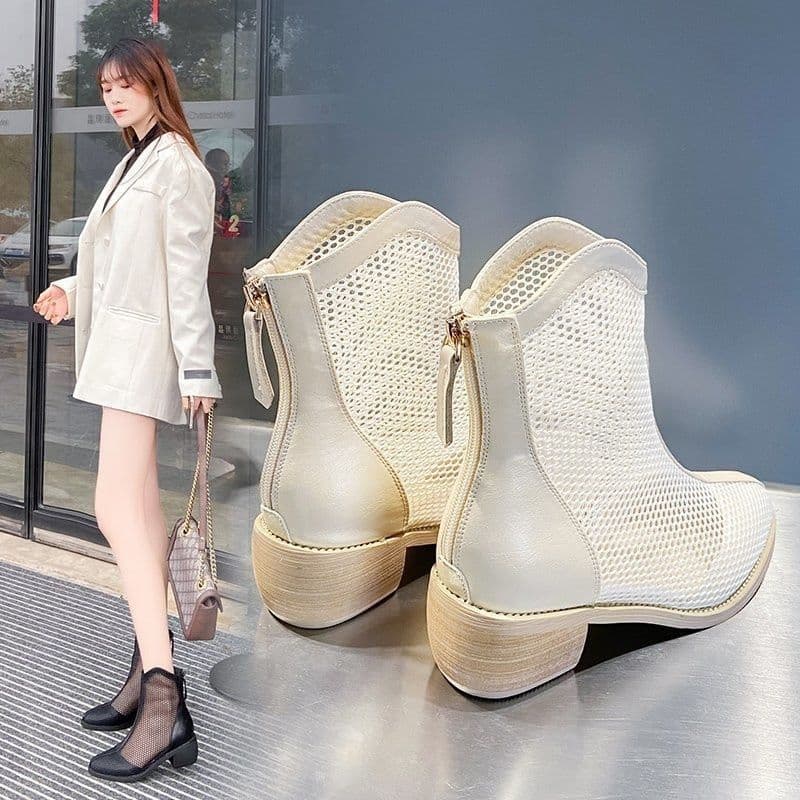 image-Shanli Dadi 2023 Mid-Calf PU Mesh Boots - Off White, High Heels