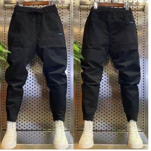 image-Men's Casual Pants - Black Straight Fit High Elastic
