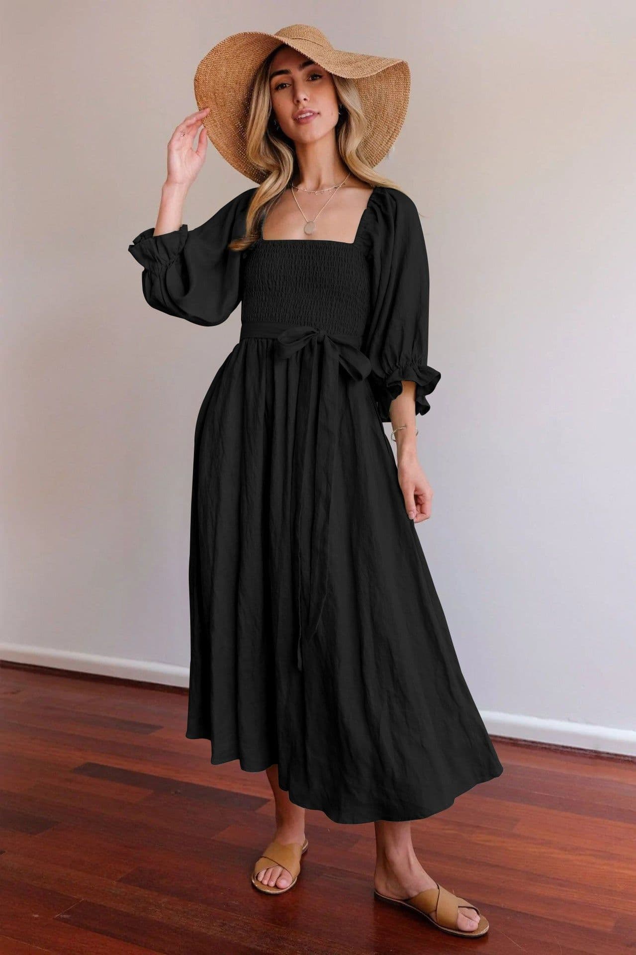 image-Mido Emerald Midi Dress - High Waist Lantern Sleeve