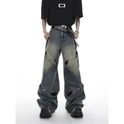 image-Summer Deconstructed Metal Button Wide-Leg Jeans Men