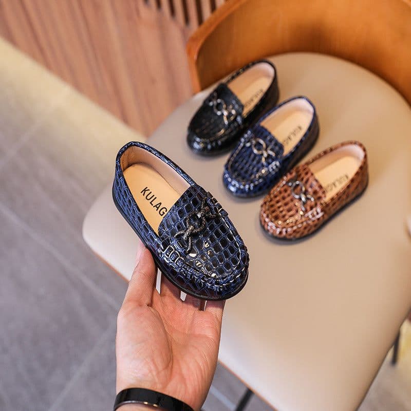 image-Kids Black Leather Loafers - Slip-On Dress Shoes
