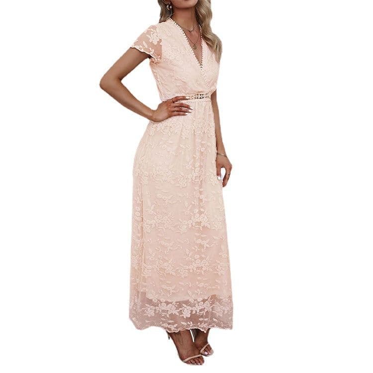 image-V-Neck Lace Patchwork Dress - Polyester XXL