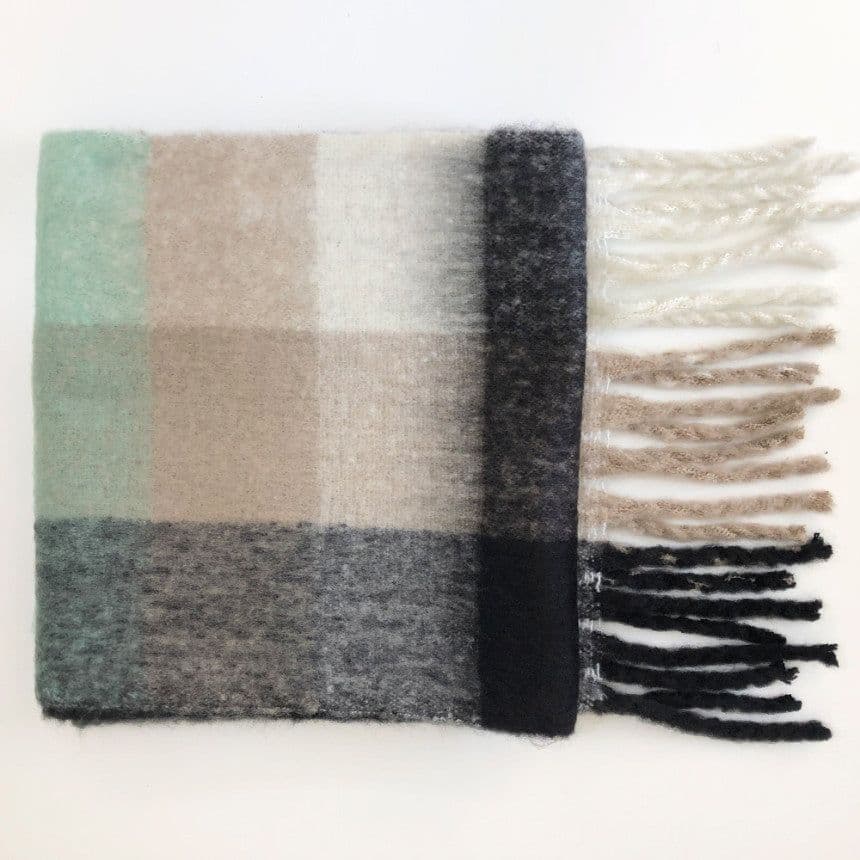 image-Plaid Knit Scarf - Blue Rose White 240x35cm Warm