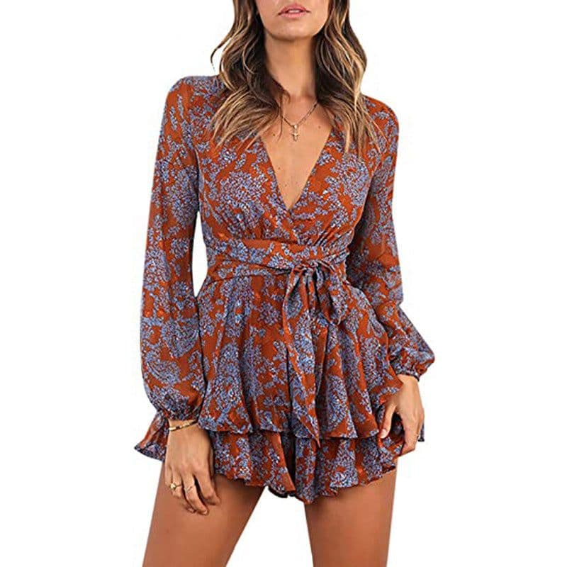 image-autumn and winter cross-border 2020 foreign trade new women's sexy V-neck dyed floral waist casual cocktail dress