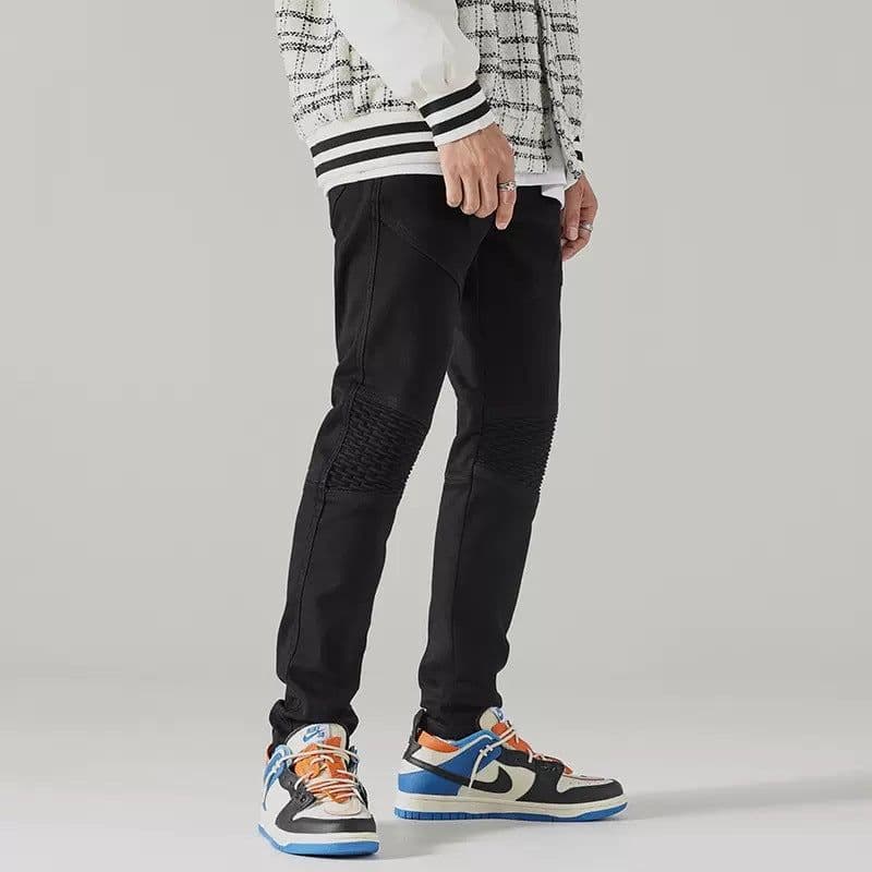 image-Foreign trade fashion trend high street new slim fit small straight black washed personality stitching motorcycle men's jeans