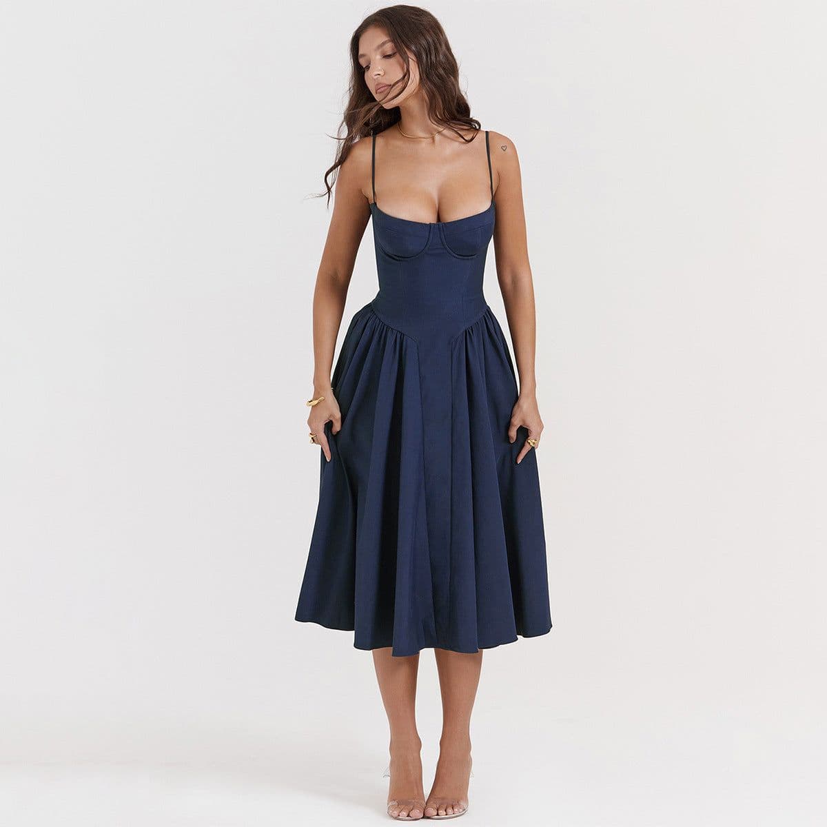 image-Dynoppy Sexy V-Neck Sleeveless Women's Dress - Mid-Length, Waist Slimming, Backless