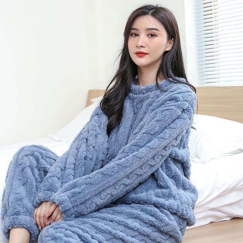 image-2023 Winter Solid Color Jacquard Uniform Warm Suit for Men and Women Comfortable Cotton Velvet Thickened Warm Home Clothes Suit Pajamas