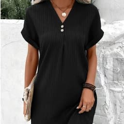 image-Cross-border European and American women's clothing 2023 new Amazon V-neck solid color pullover comfortable casual button dress