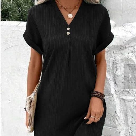 image-Cross-border European and American women's clothing 2023 new Amazon V-neck solid color pullover comfortable casual button dress