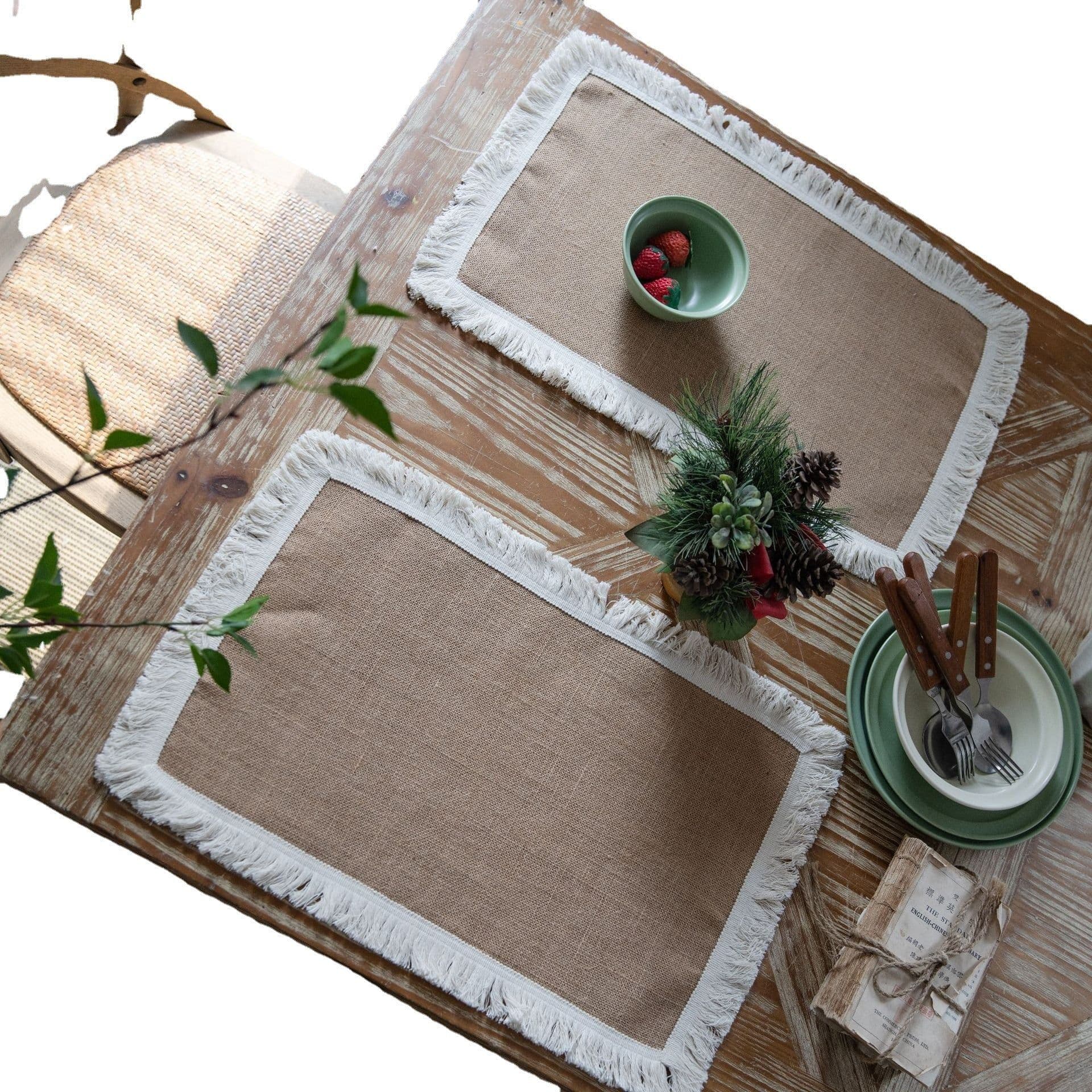image-Yimanqiyun hemp rope placemat red tassel tableware mat woven color matching festival tassel bowl mat factory direct supply