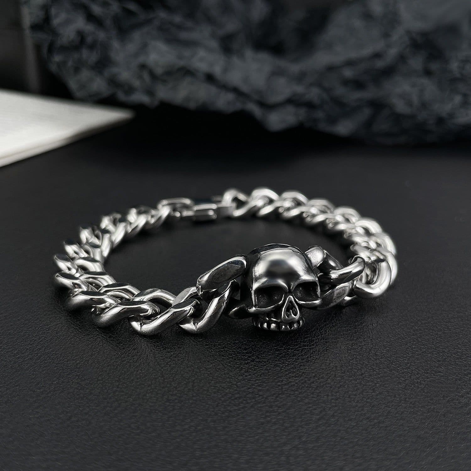 image-OPK Titanium Steel Cuban Chain Bracelet - Skull Design