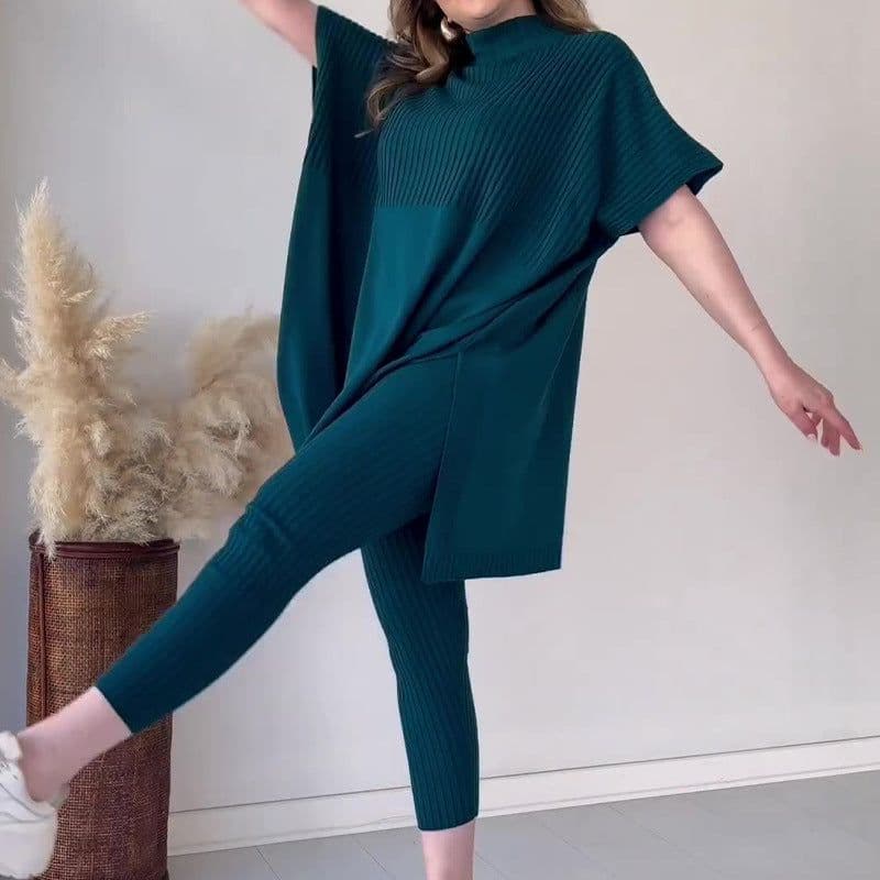image-Round Neck Two-Piece Set - Yellow-Green Polyester Casual
