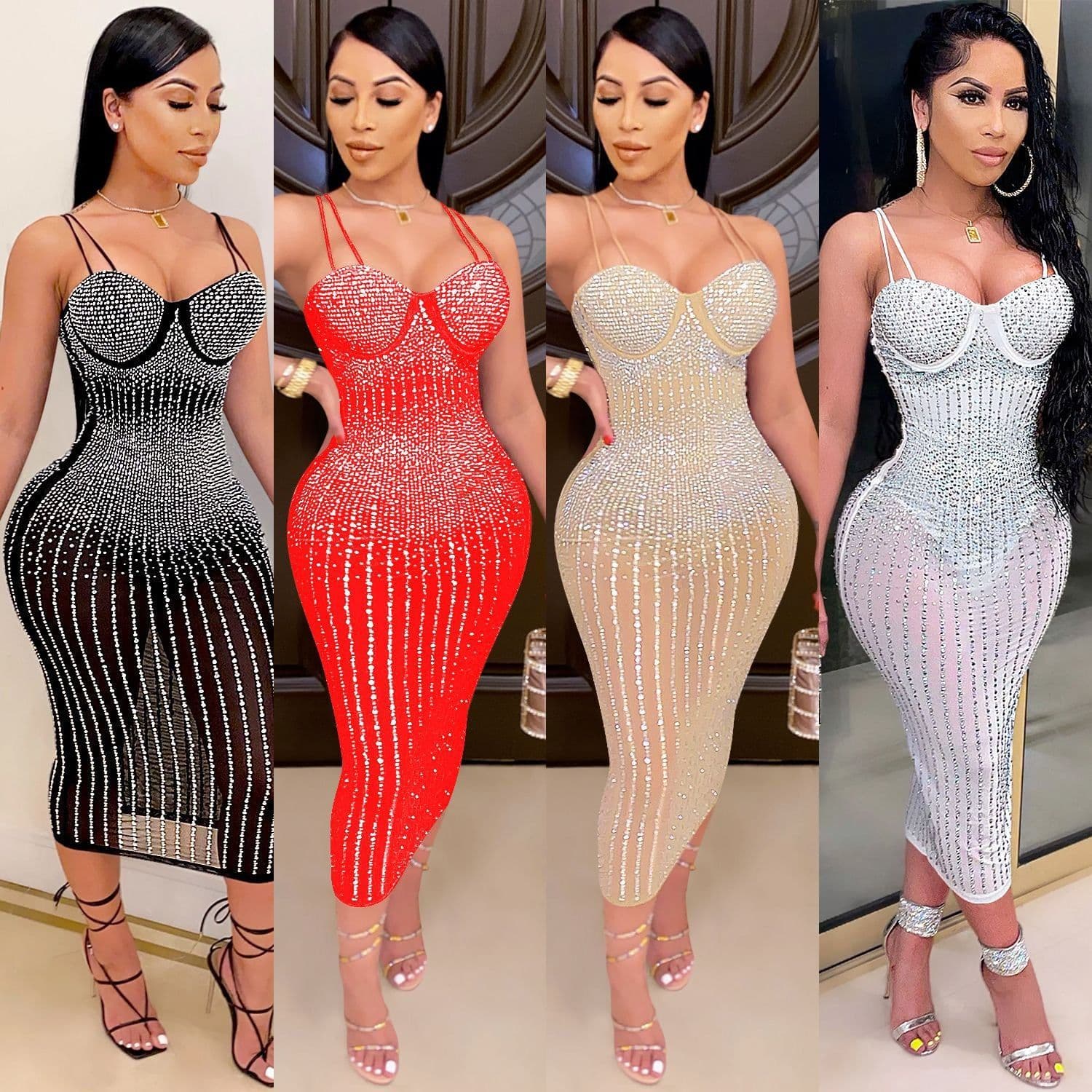 image-Women's Mesh Dress - Diamond Embellished U-Neck Midi