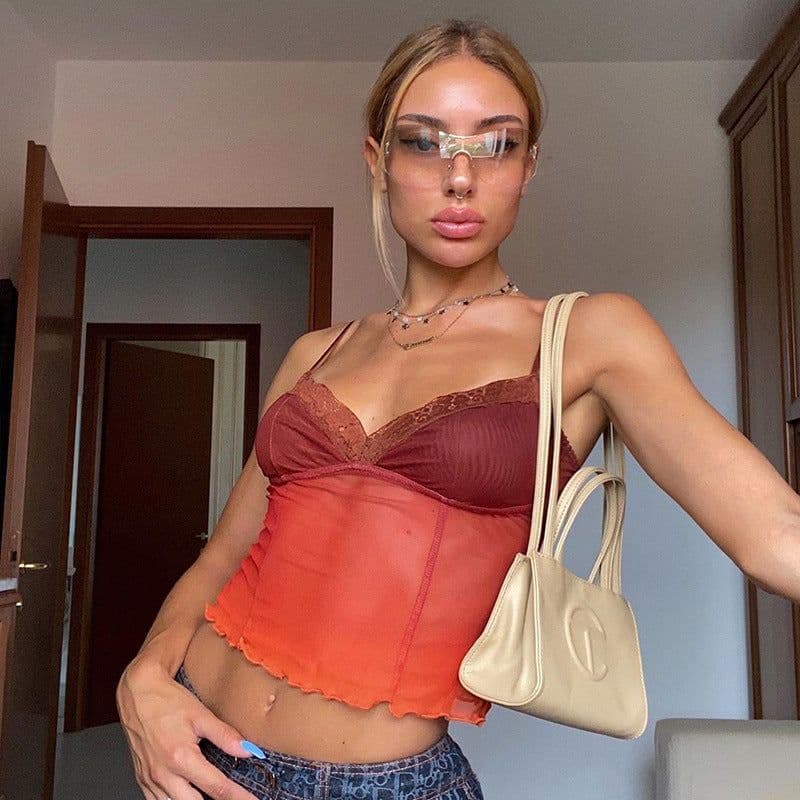 image-European and American foreign trade cross-border ins women's clothing see-through mesh lace stitching exposed navel slim camisole vest