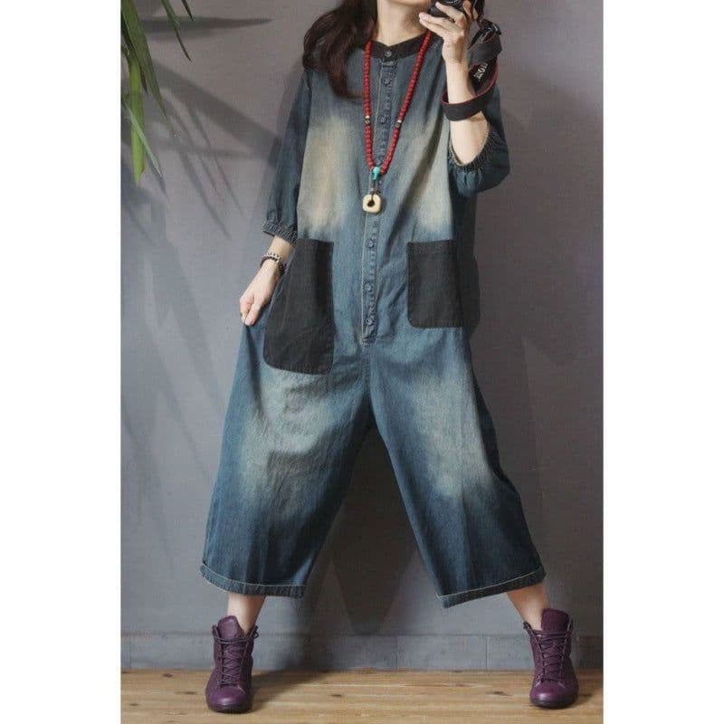 image-Denim Jumpsuit Women's Wide-Leg Cropped - Blue Patch
