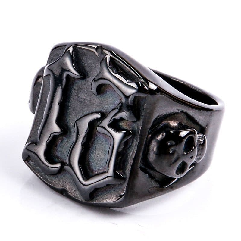 image-Mens Titanium Steel Ring Ghost Head Vintage Gold Plated Geometric Design