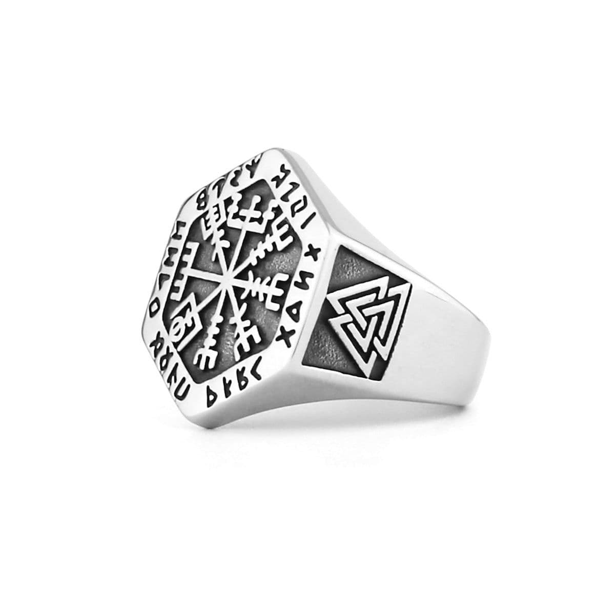 image-Viking totem rune titanium steel ring Odin compass ring triangle rune ring men's trendy stainless steel ring