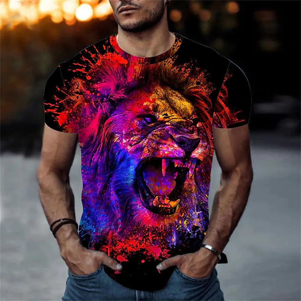 image-European & American 3D Lion Print Men's T-shirt, Short Sleeve, 6XL Comfortable