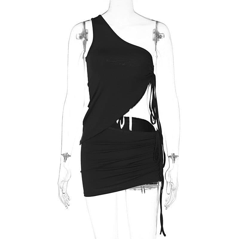 image-Women's Two-Piece Set - One-Shoulder Vest & Skirt