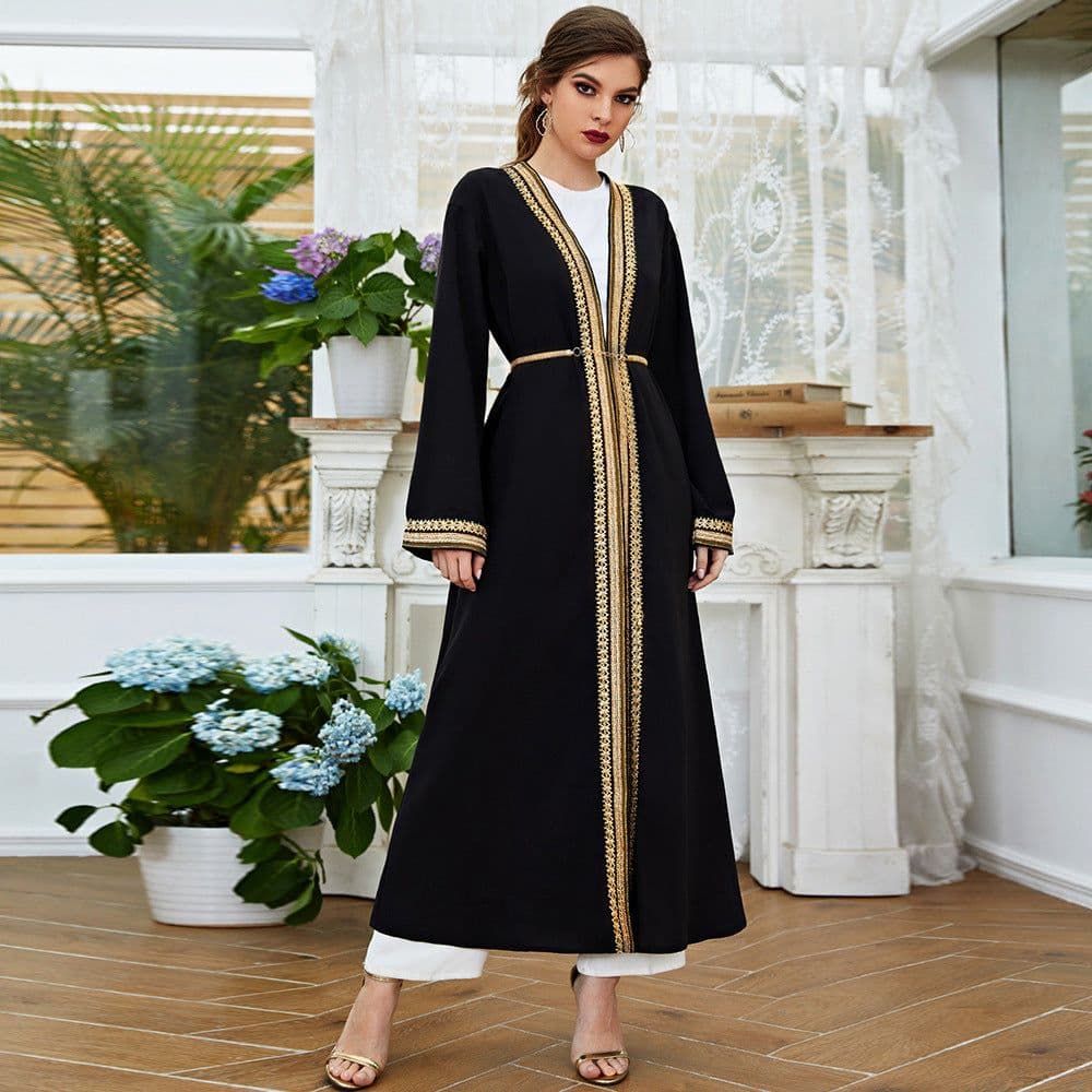 image-Black Lace Embroidered Dress - V Neck Long Sleeve XXL