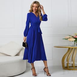 image-Elegant 2023 Long-Sleeved V-Neck Dress - High Waist Blue XXL