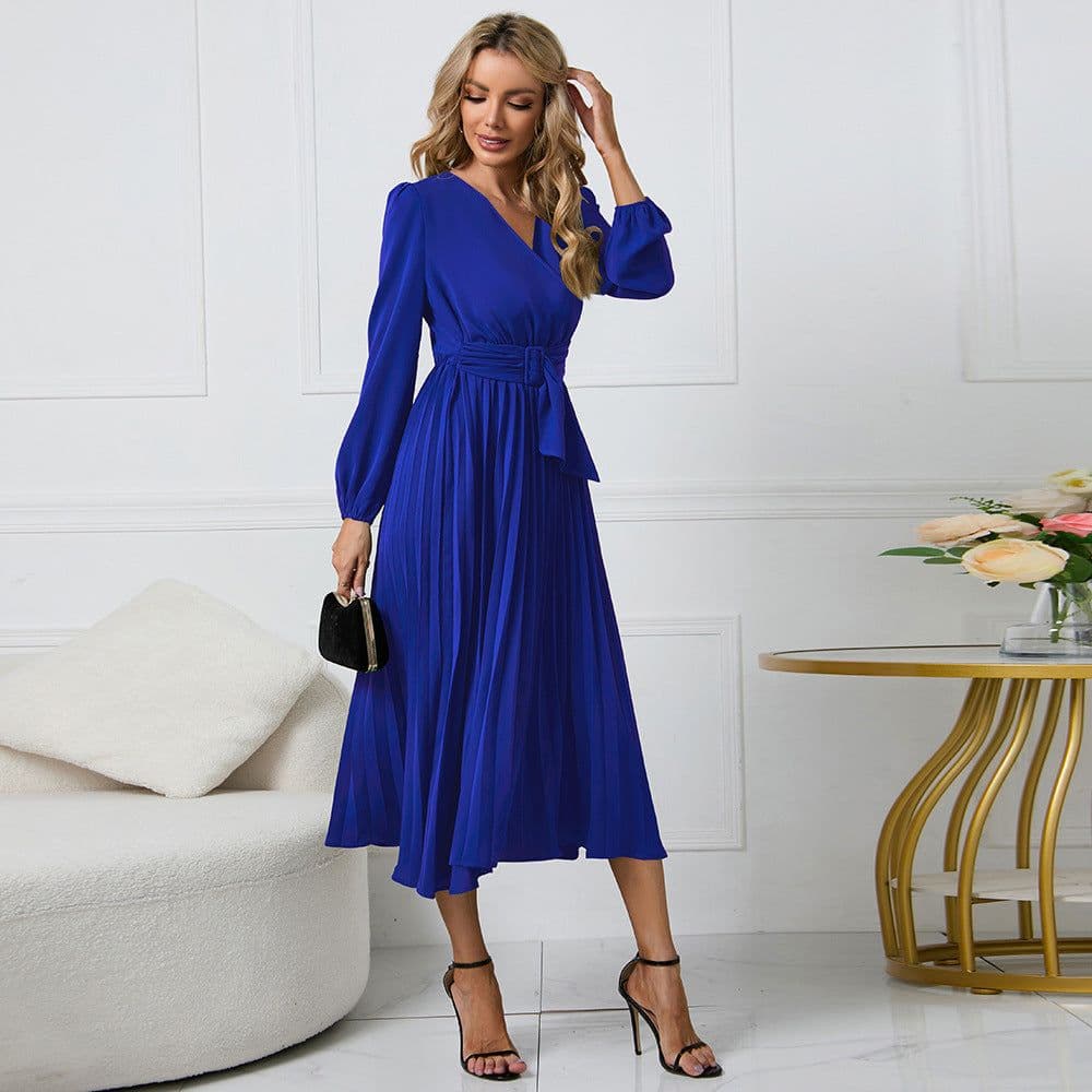 image-Elegant 2023 Long-Sleeved V-Neck Dress - High Waist Blue XXL