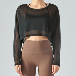 image-Yoga blouse women's loose fitness top light jacket light and breathable mesh yarn round neck spring and summer long-sleeved yoga clothing