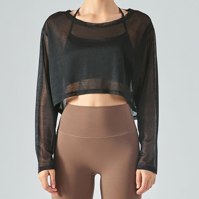 image-Yoga blouse women's loose fitness top light jacket light and breathable mesh yarn round neck spring and summer long-sleeved yoga clothing