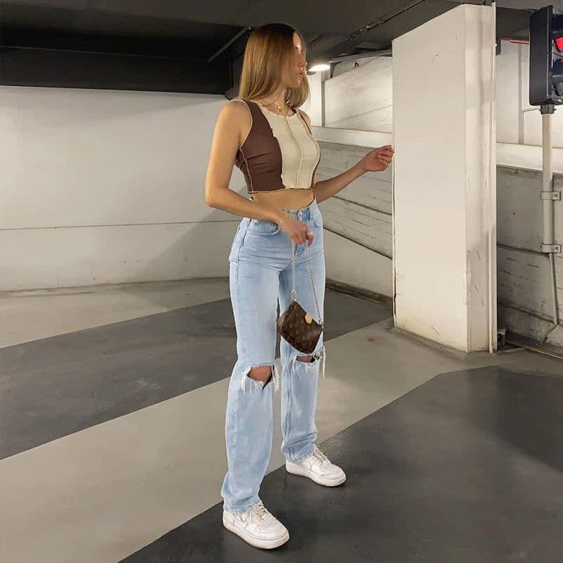 image-High-Waist Straight-Leg Washed Jeans for Women - Commuter Blue Denim