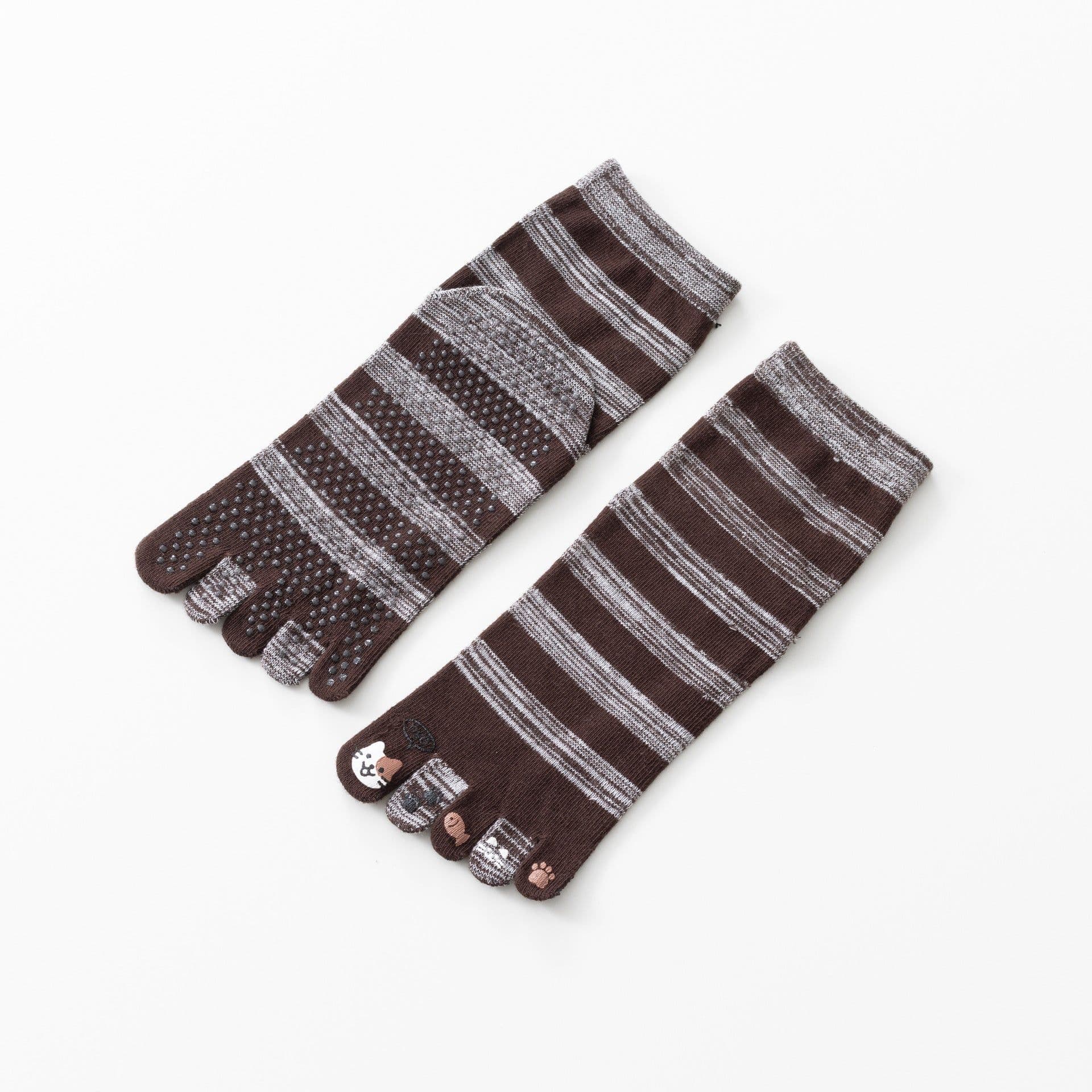 image-Five-Finger Yoga Socks - Cotton Non-Slip Striped Cat
