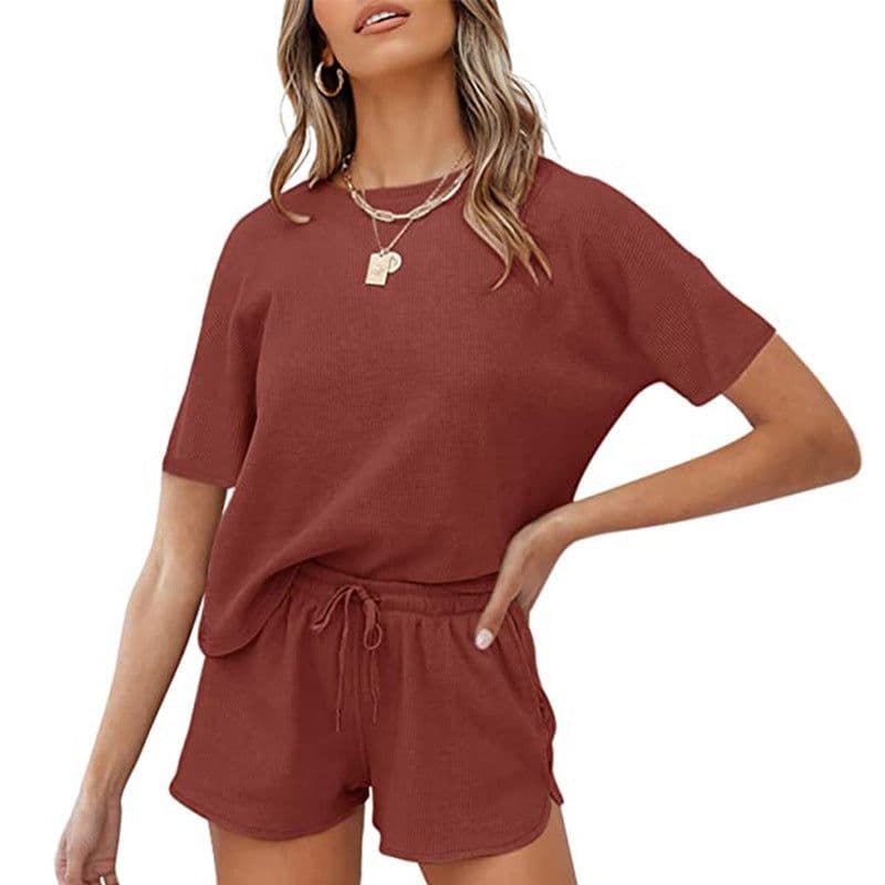 image-Spring/Summer 2023 Retro Casual Waffle Two-Piece Suit - XXL Solid Color
