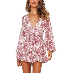 image-autumn and winter cross-border 2020 foreign trade new women's sexy V-neck dyed floral waist casual cocktail dress